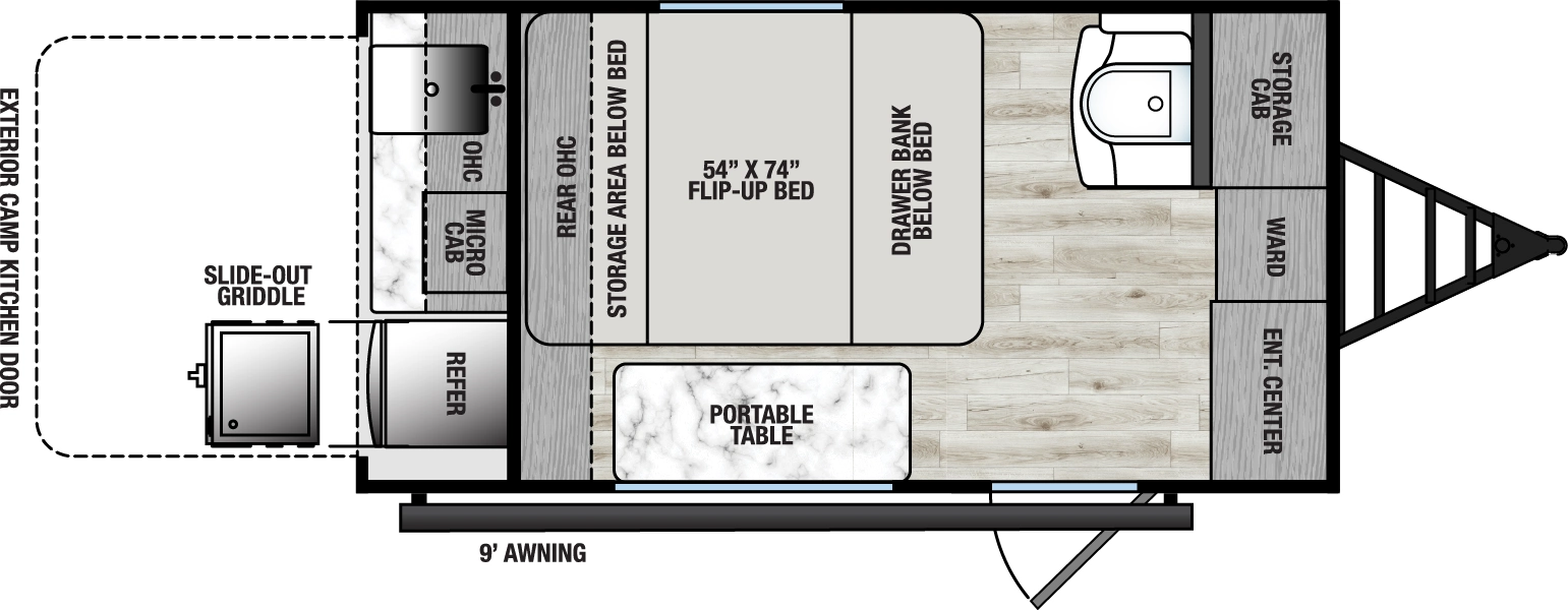 The Clipper ROK 13000ROK floorplan has one entry and zero slide outs. Exterior features include: metal exterior, 9' awning and outside kitchen. Interiors features include: rear kitchen.